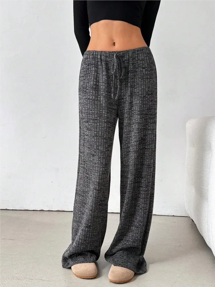 Spring Autumn Women's New Casual High Waist Drawstring Striped Printed Striped Elastic Rope Cotton Straight Leg Pants