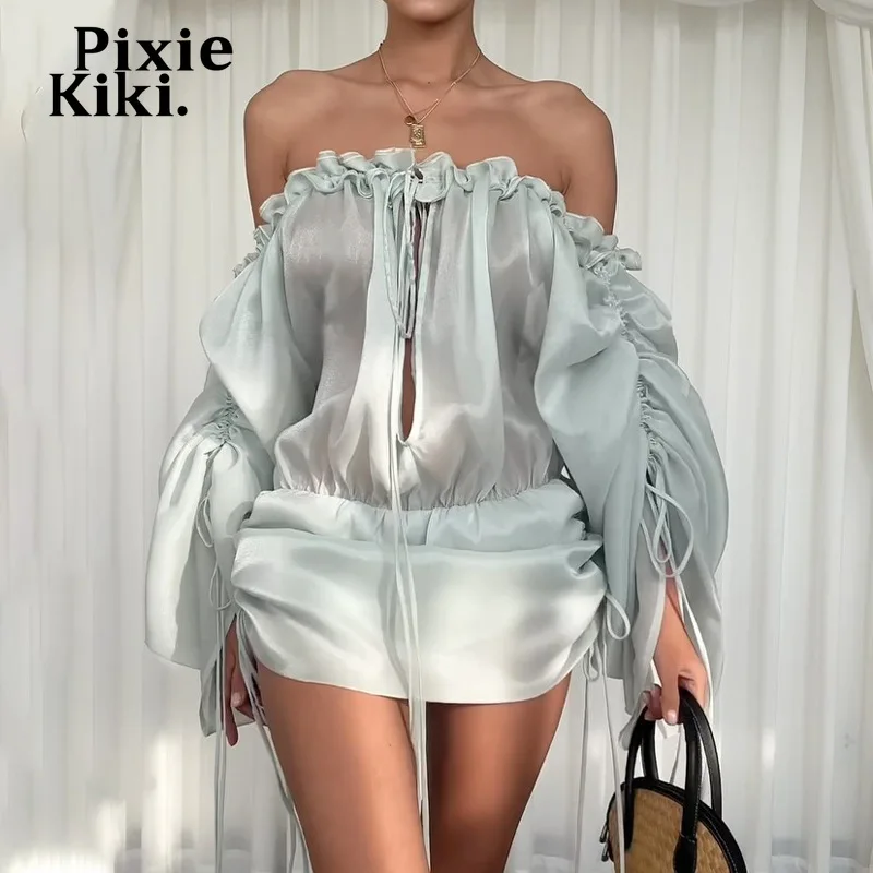 PixieKiki Flowy Off Shoulder Lantern Long Sleeve Backless Dresses Sexy Clothes Woman Vacation Outfits Sheer Mini Dress P33-DI16