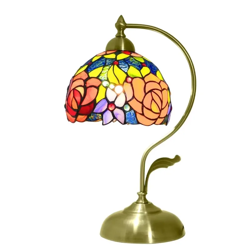 

Table LampStained Glass Desk Lamps Gifts with Metal Leaf Iron Base Vintage Curved Double Color Roses Reading Lamp