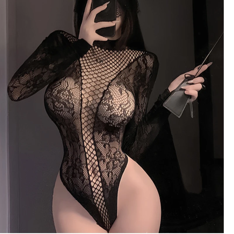 Puro desejo lingerie sexy malha oca jacquard astringente manga longa macacão ousado rasgo design quente lenceria para mulher