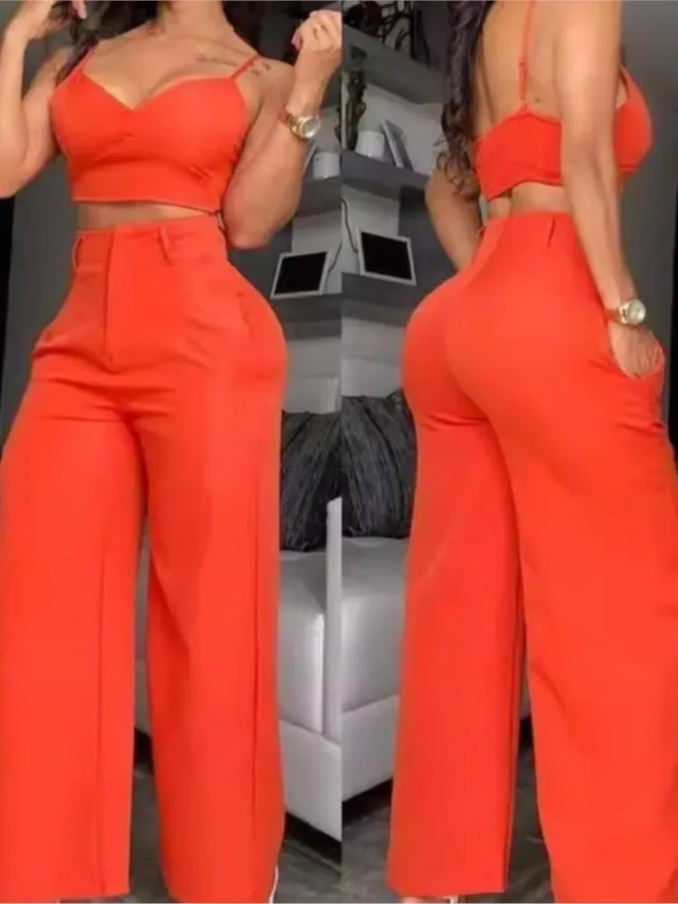 

Sexy Spaghetti Strap Top 2 Piece Sets Lady Fashion Office Solid Deep V Neck Short Tops High Waist Wide Leg Pants Set Women New