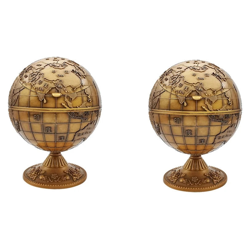 2X Vintage Metal With Lid Globe Ashtray European Retro Home Office Hotel Ashtray Decor Smoking Accessories, Antique Gold