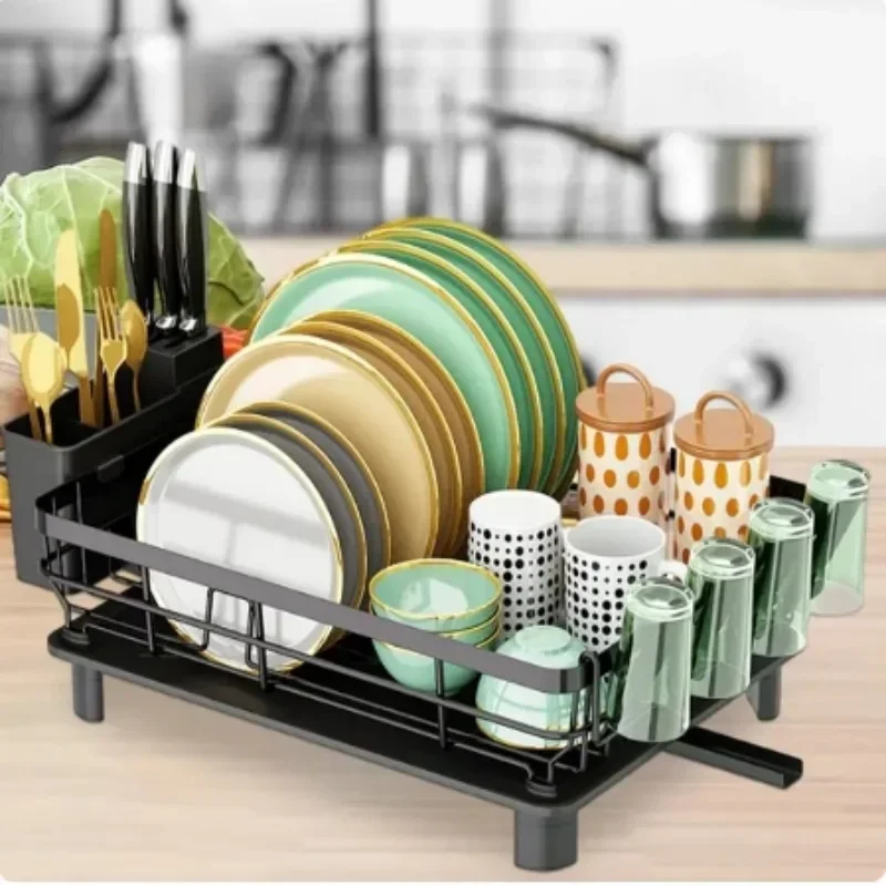 Home Drying Rack Dish Drainer Whth Drainboard Light Duty Blak Countertop Utensil Organizer Kitchen Accessorier Dish Storagerack