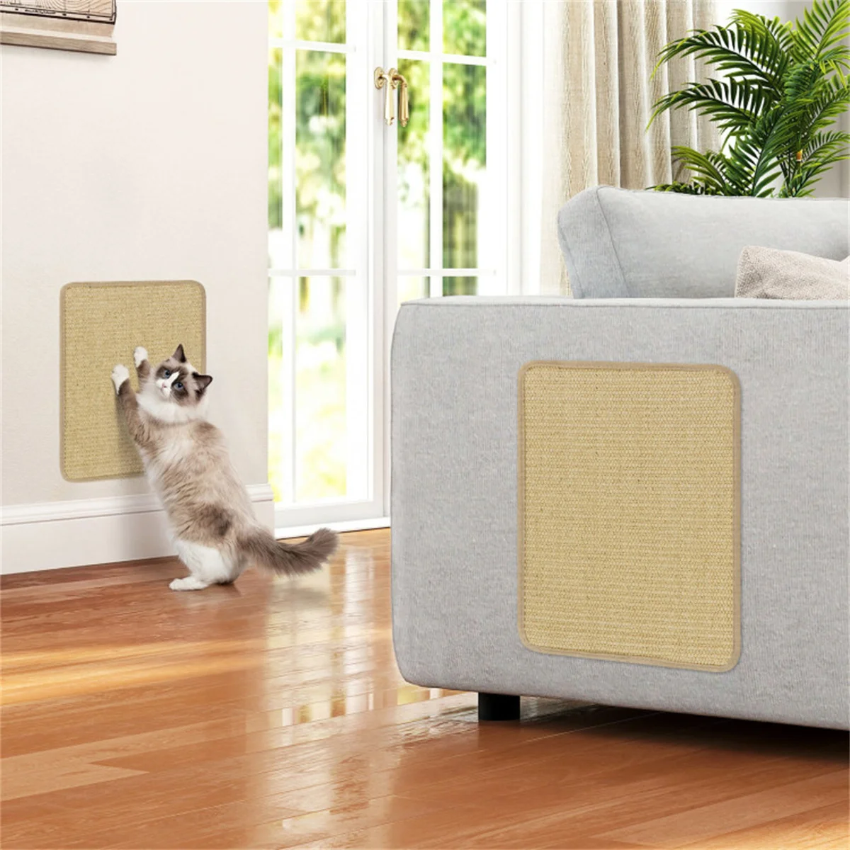 6 Pack Natural Sisal Cat Scratching Mats, Non-Slip Latex Backing Cat Scratch Pad with Hook Loop Tapes, Wall Sofa Floor Mountable Furniture Protector for Indoor Kittens Easy Clean