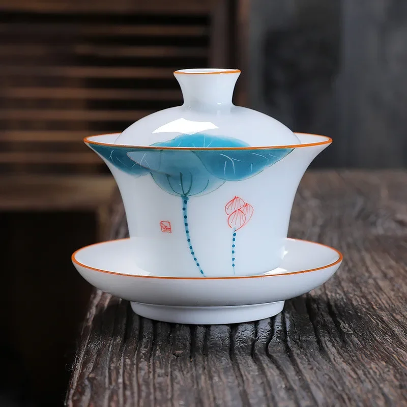 Jingdezhen-Porcelain Tea Set, Ceramic Teacups and Saucers, Handpainted Lotus, Travel, Easy Gaiwan, Porcelain Cup, Tableware