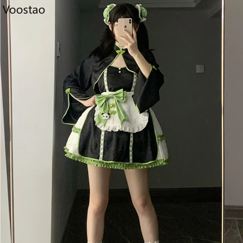 かわいいロリータ王女jskドレス甘い女性かわいいパンダエプロンメイドコスプレチョッキストラップドレス女の子Y2kセット