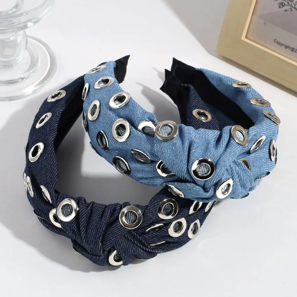 

Bandana Y2K Denim Headband Metal Personalized Punk Hairband Rock Wide Hollowed Out Eyelets Headband Women