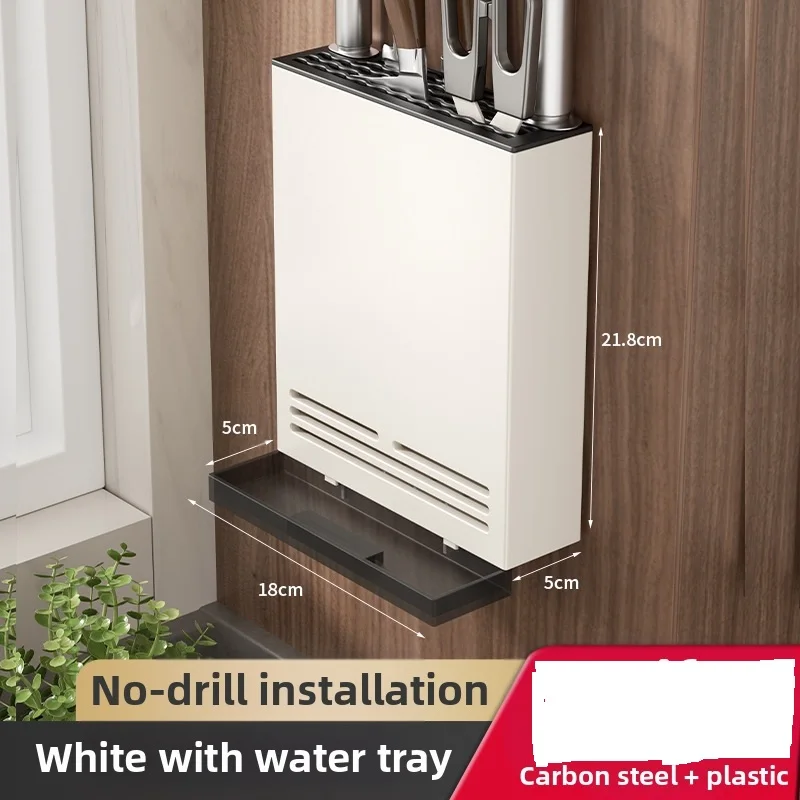 Wall Mounted Kitchen Knifes Rack With Chopstick Holder Carbon Steel No Drill Drain Tray Detachable Easy Clean