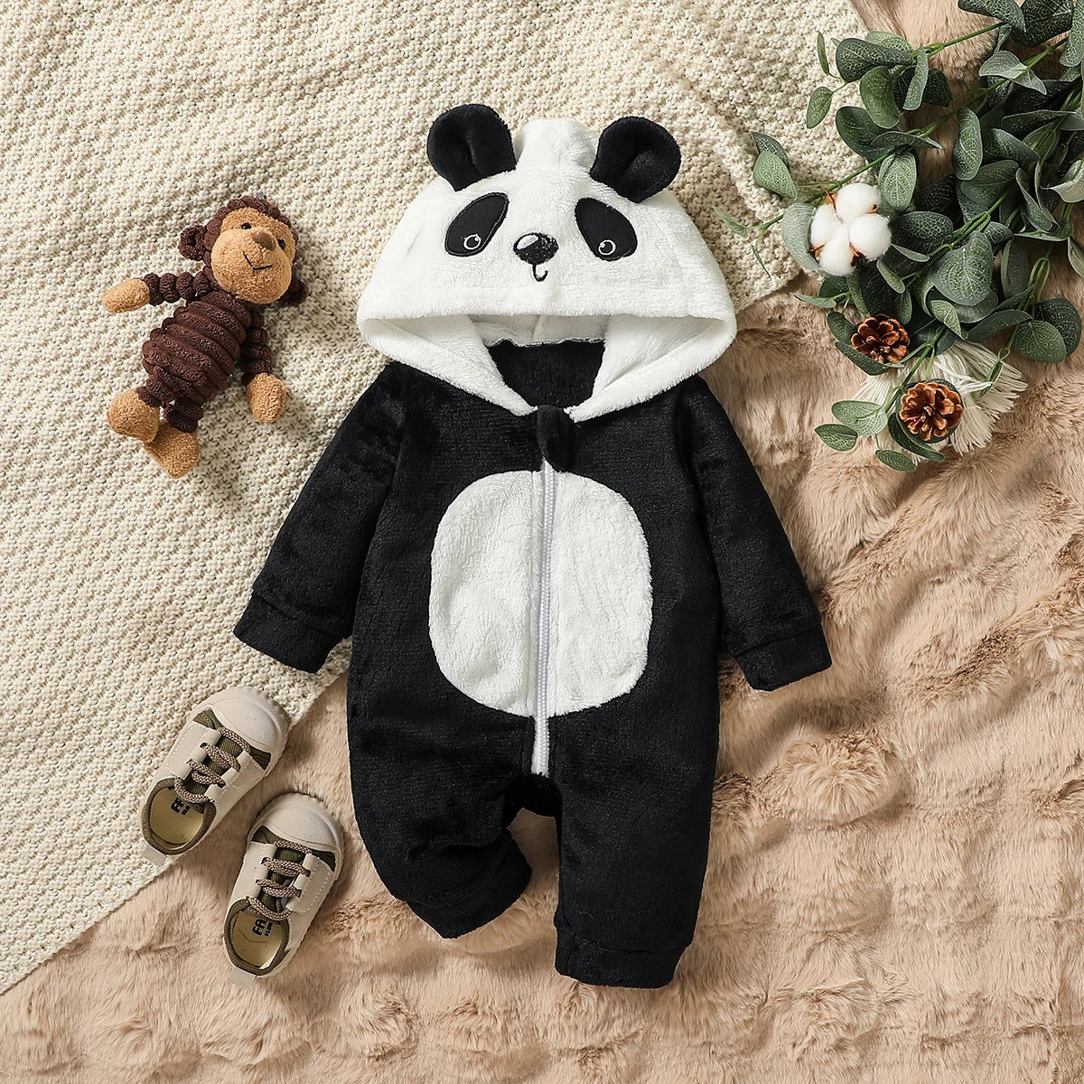 Baby Boys/ Girls Cute Autumn/Winter Long Sleeve Cartoon Plush Hooded Jumpsuit For Newborn-9M Outdoor Wear