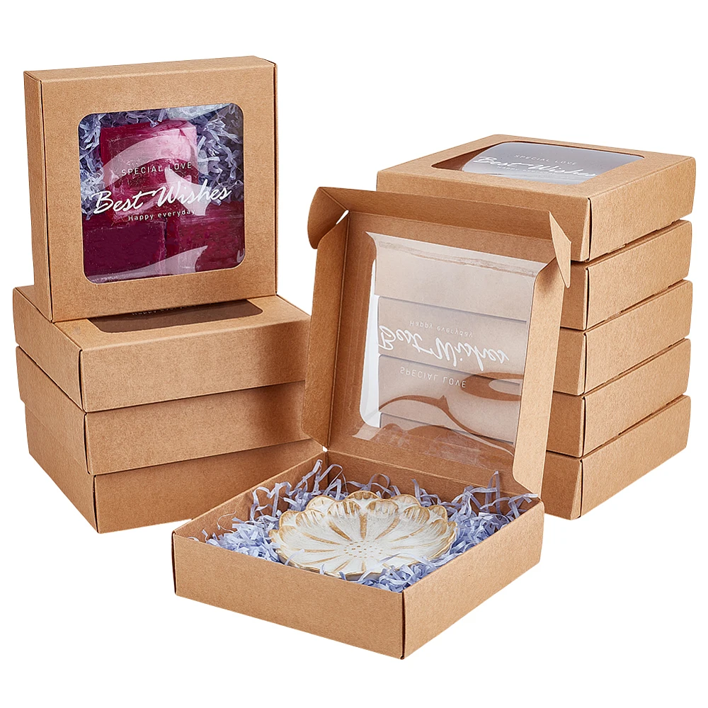 10pcs Kraft Mini Paper Boxes PVC Window Gift Boxes Square Present Boxes for Wedding Gift Chocolates Cookies and Other Small
