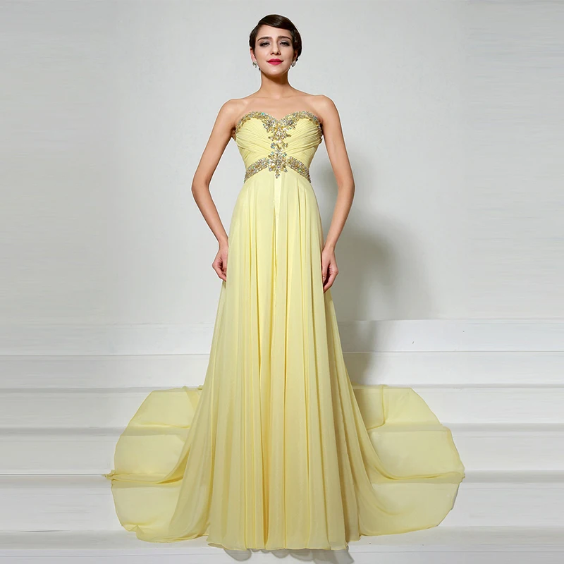 

Classic Evening Dress Beaded Sleeveless Backless Tube Top Yellow Tulle Sweeper Train A-Line Formal Banquet For Women 2022 New