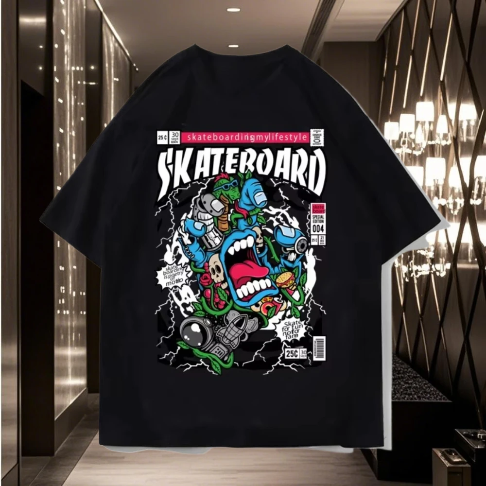 

European and American trendy and fun graffiti cartoon print motorcycle T-shirts summer casual and loose T-shirt for men women 25