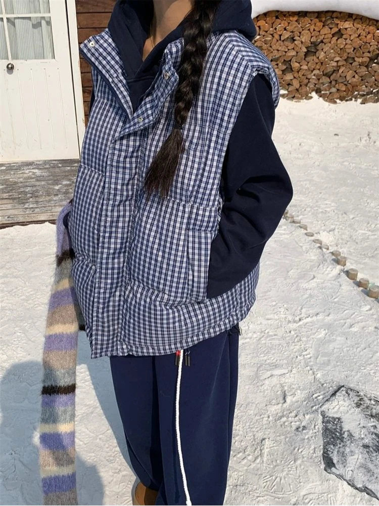 

Women's Loose Svel Plaid Stand Collar Jaet Vest Outerwear Autumn Winter New Sle Casual Layering Polyester Fiber