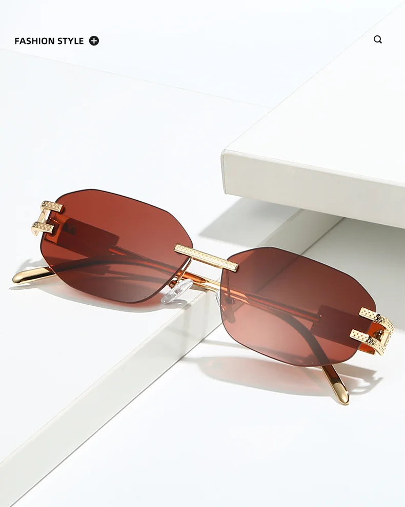Retro Rahmenlose Sonnenbrille Frauen 2025, Neue Trendy Mode Marke Sonnenbrille Damen Hohe Qualität Klassische Männer Luxus Brillen UV400 – Detail 3