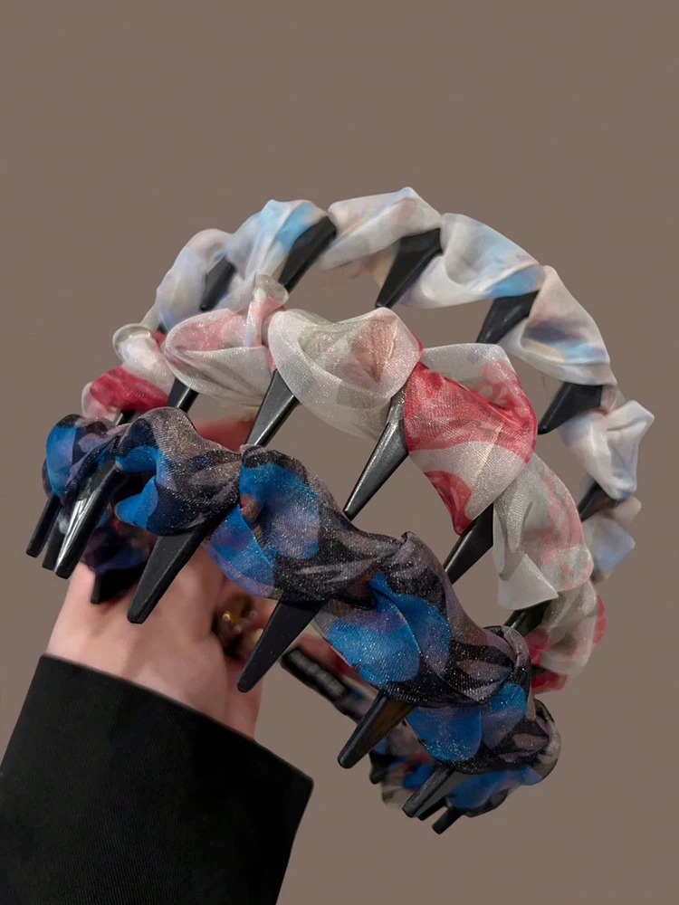 1 Stück bedrucktes, plissiertes Netz-Haarband, rutschfestes Haarband mit gewelltem Zahnkamm, multifunktionales, modisches Haar-Accessoire – Detail 4