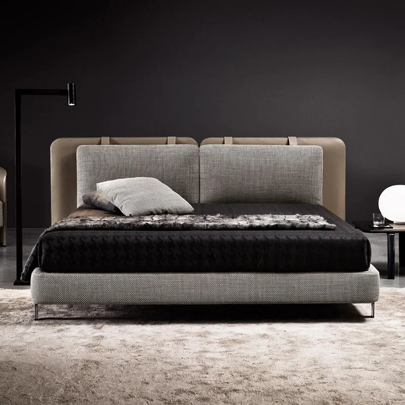 เตียงผ้าแบบมินิมอล ขนาด 1.8 เมตร เตียงคู่ สำหรับห้องนอนในวิลล่าหรือโรงแรม เตียงหนัง