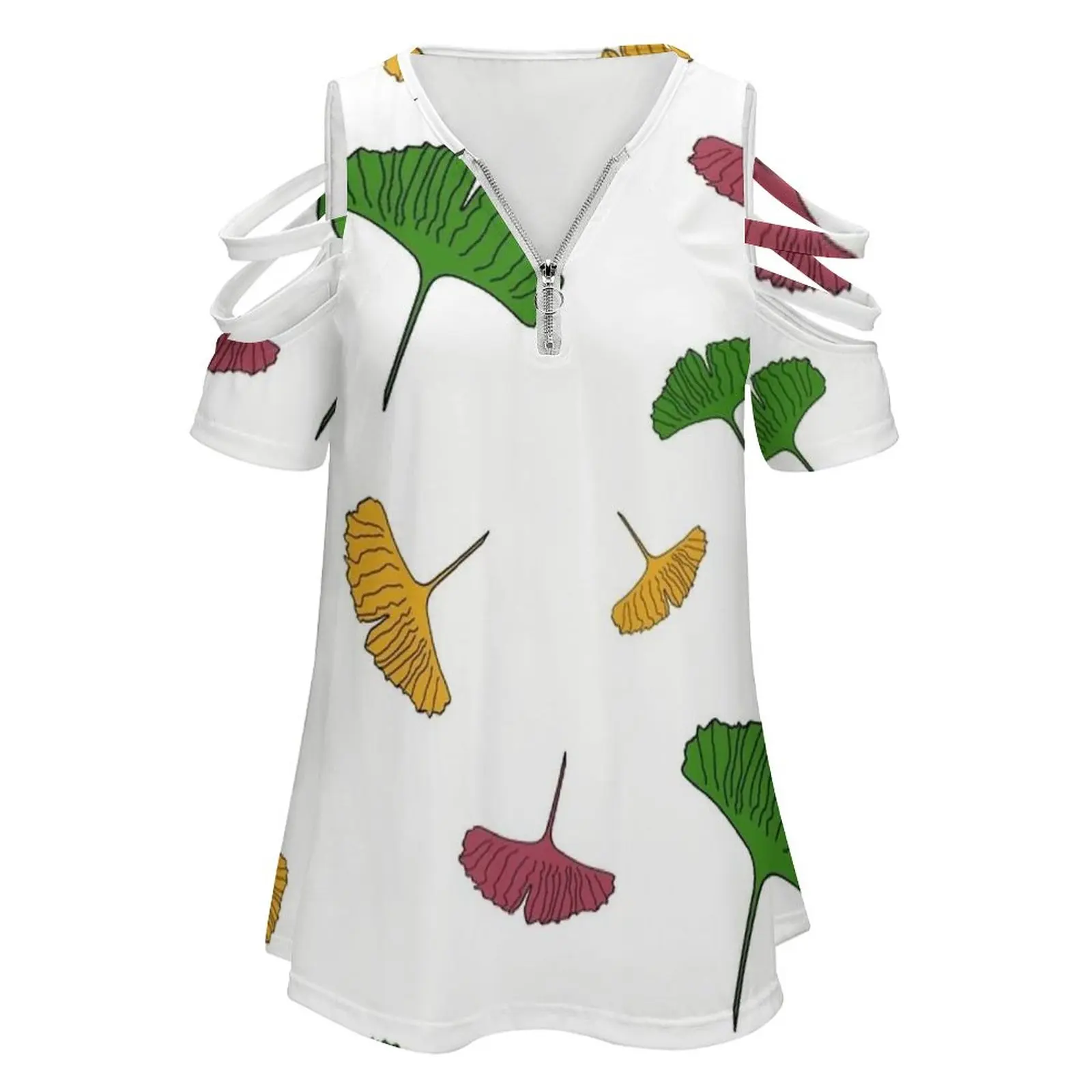 Ginkgo Pattern , Ginkgo Biloba , Australian Leaf , Leaves , Women's T-Shirt Summer Fashion Print Floral V-Neck Zipper Tshirt