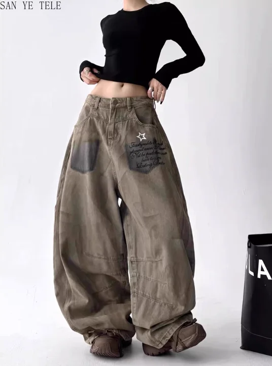 الهيب هوب سكين منحني واسعة الساق الجينز النساء الرجعية القذرة مصبوغ مطبوعة واسعة الساق فضفاضة عادية Y2K موضة الشارع عالية الخصر السراويل
