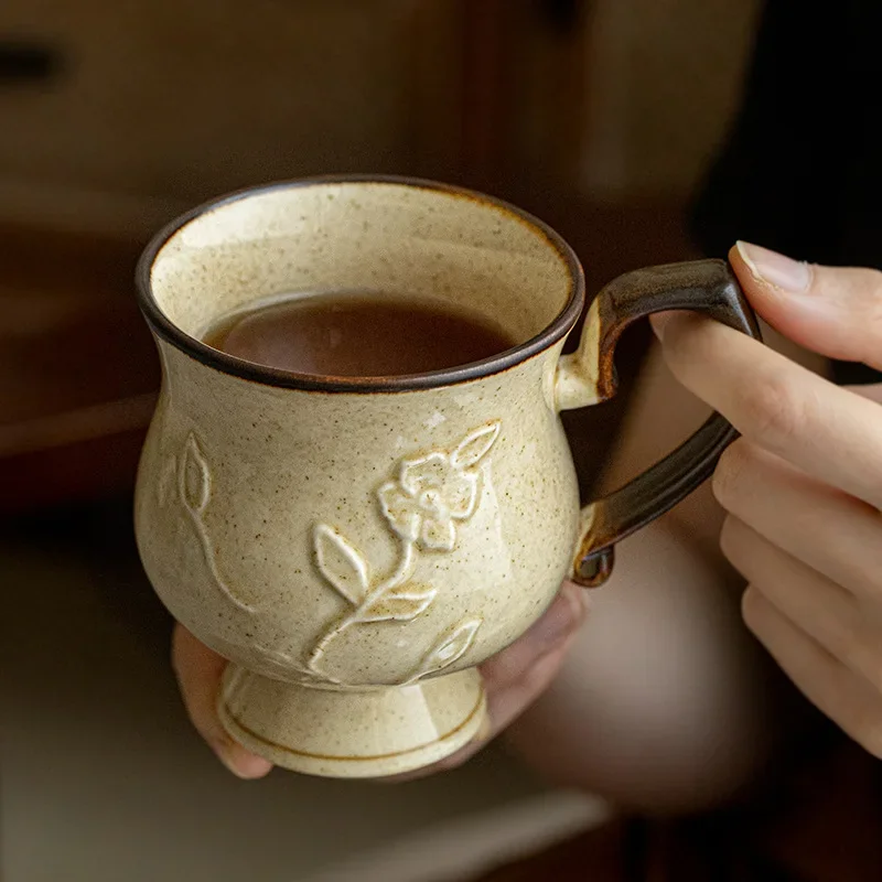 Hibiscus Cup Medieval Relief Tall Mug French Ceramic Coffee Cups Water Cup Large Capacity Milk Cup, 300ml