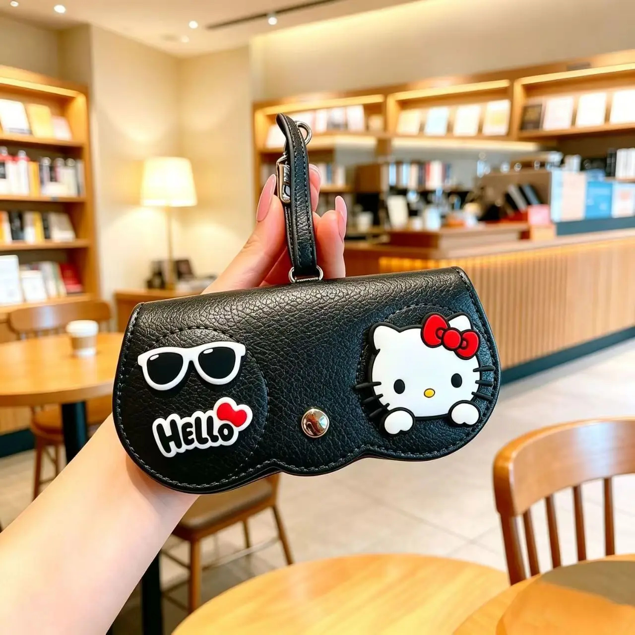 Cute Hello Kitty Eyeglass Pouch PU Leather Sunglasses Storage Bag With Hanging Hook Snap Button Design Portable Glasses Case