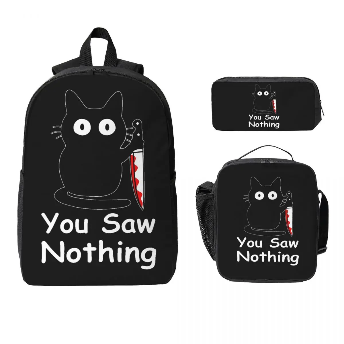 

Black Cat Murder Cat You Saw Nothing Backpack BookBag School Bag Computer Shoulder Bags 3ps Insulated Lunch Bag Pencil Case