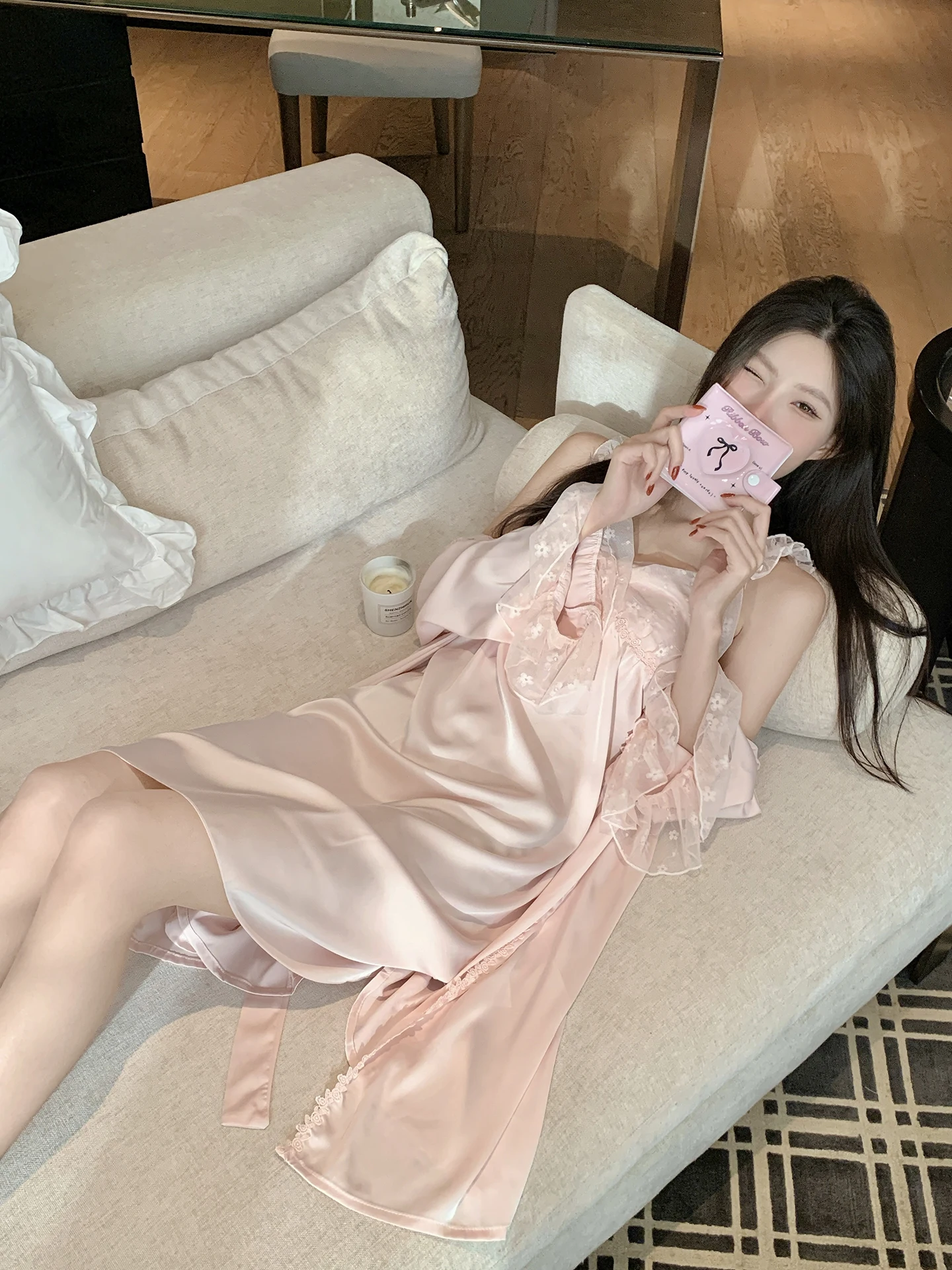 2025 New Sexy Strap Ice Silk Nightdress Sweet Girl Japanese Style Ins Summer Thin with Chest Pad Robe Two-Piece Set Loungewear