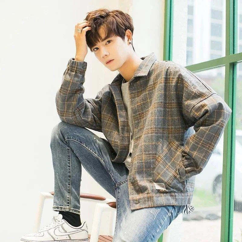 

​Korean Style Men's Wool Baseball Jacket Checkered Design Spring Autumn Ins Trendy Coat​