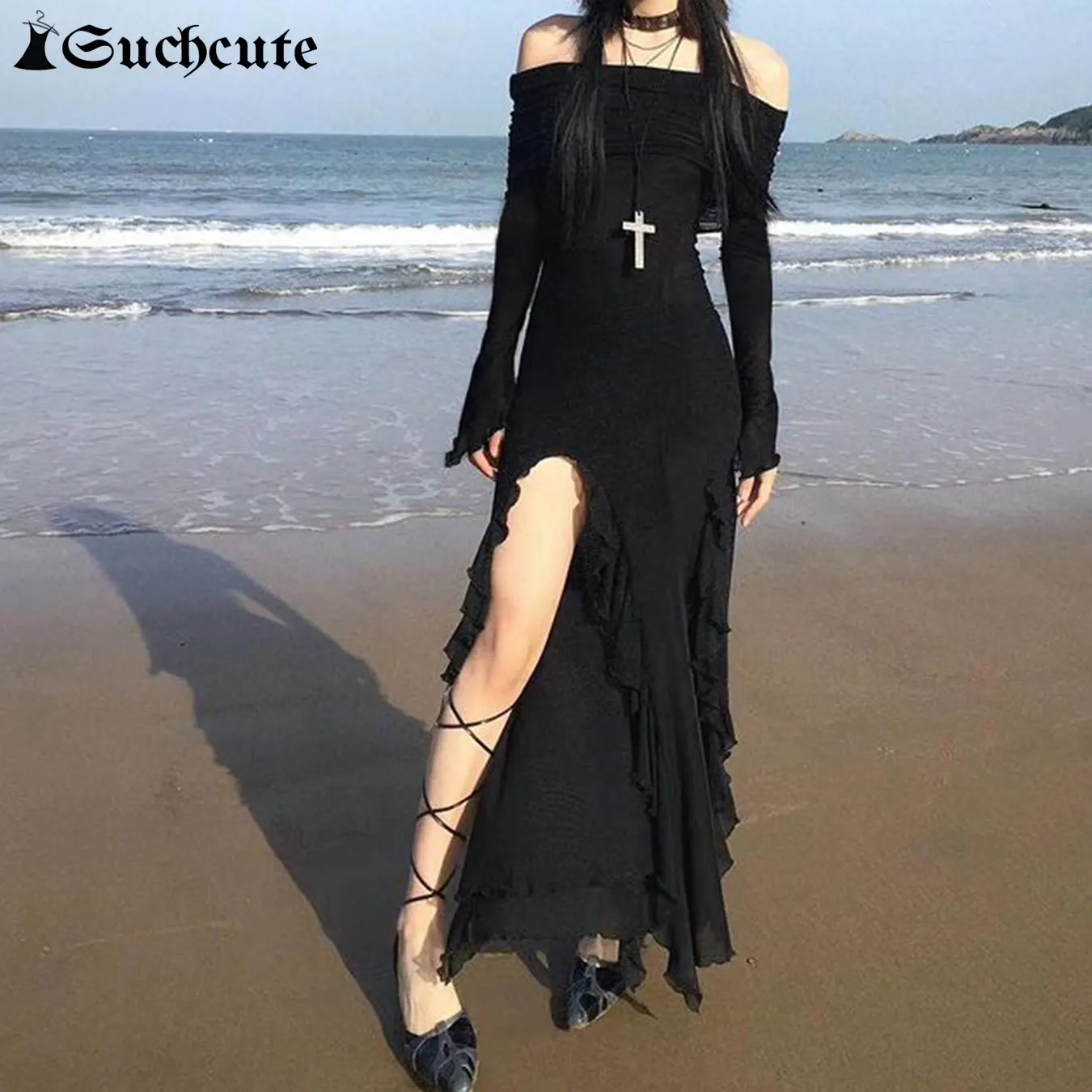 SUCHCUTE Elegant Off Shoulder Ruffles Split Long Dress Black Fashion Long Sleeve Party Dresses Women Beach Vacation Outfits 2024