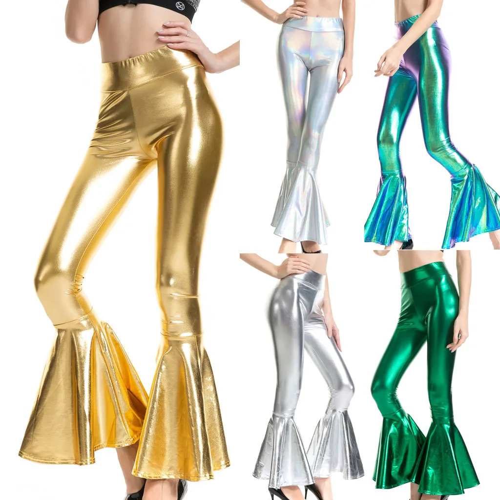 

Sexy PU Leather Metallic Pants Shiny Holographic Flare Pants Women Girls Bodycon Elastic Waist Bell Bottom Trousers Clubwear