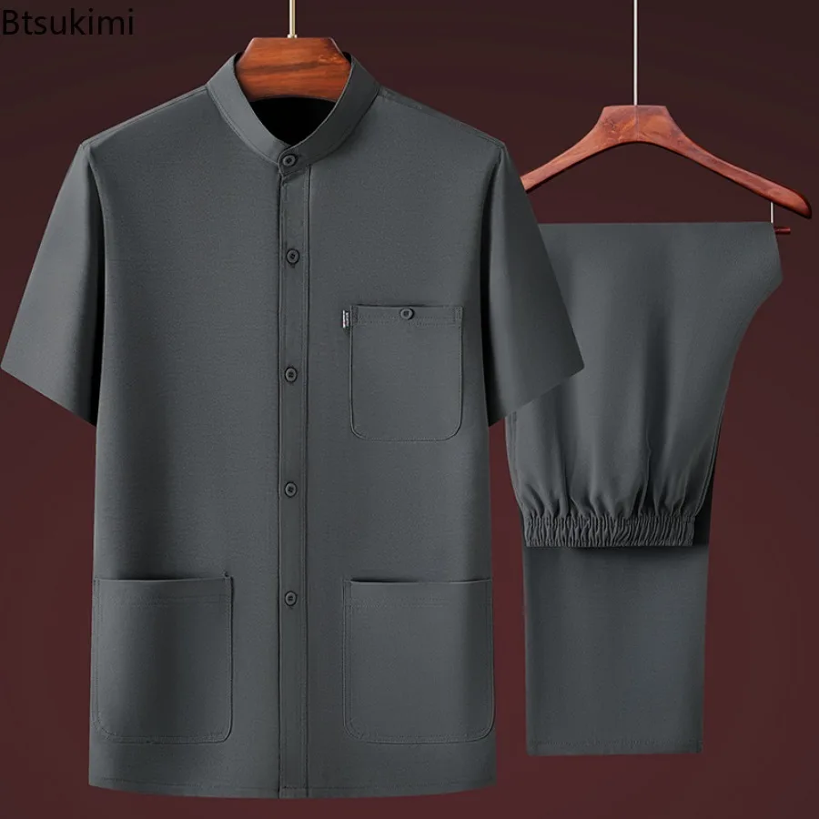 Camisa de manga corta con cuello levantado para hombre, conjunto de dos piezas, moda deportiva informal, traje Tang de mediana edad, verano, 2024