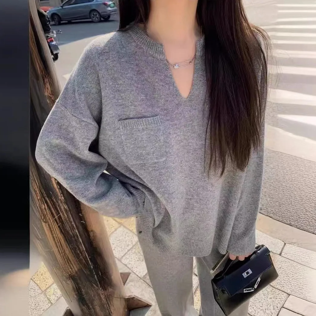 طقم بناطيل رجالي طقم مكون من قطعتين سترات منسوجة برقبة على شكل V وأكمام طويلة وسراويل طويلة بأربطة وخصر مطاطي Y2k ملابس الشارع #2