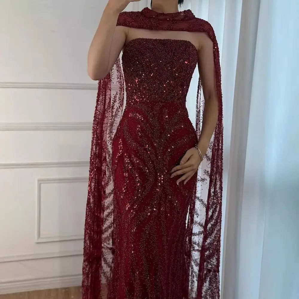 

Aunber Customized Mermaid Evening Prom Dresses with Detachable Cape Sleeves and Lace Up Back Formal Occasion Gowns