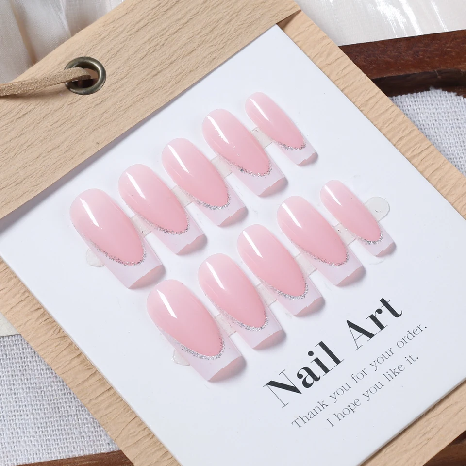 24pcs uñas postizas cortas cuadradas tipo ataúd francesas con brillo, uñas acrílicas de cobertura completa para mujer, ballet, uñas press-on 6