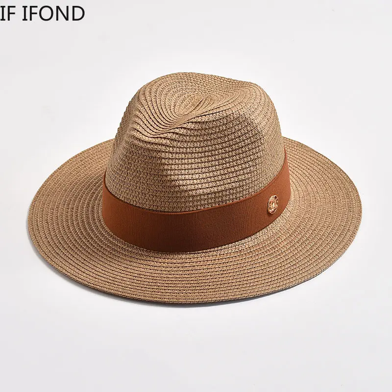 Nowe letnie kapelusze słomkowe dla kobiet mężczyzn Panama Travel kapelusz przeciwsłoneczny na plażę dekoracja ze wstążki eleganckie luksusowe jazzowy kapelusz
