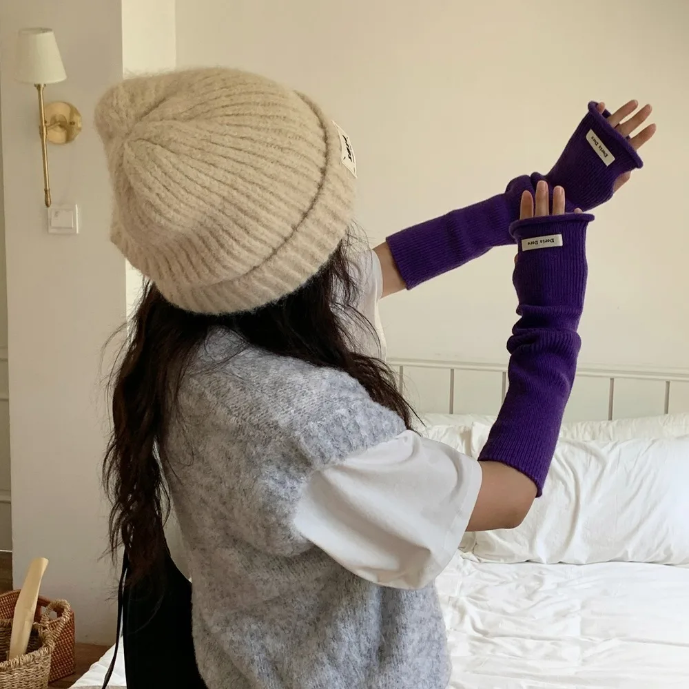 Breathable Korean Style Knitted Warm Sleeves Hole Solid Color Woolen Arm Gloves Y2k Sweet Warm Arm Covers JK