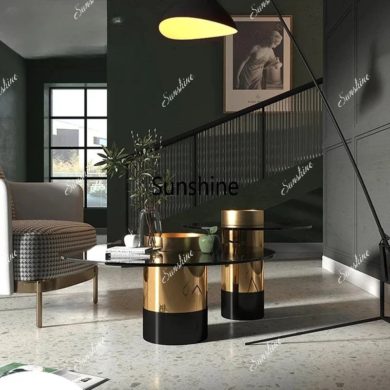 

Postmodern simple light luxury stainless steel coffee table model room sales office living room round Internet celebrity glassTJ