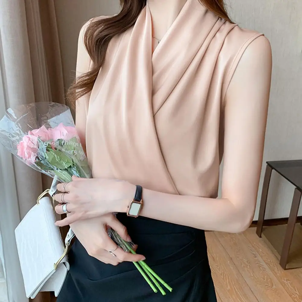 V-neck Sleeveless Top Satin Stitching V-neck Sleeveless Blouse Loose Fit Cross Wrapped Women's Summer Shirt Vest for Streetwear