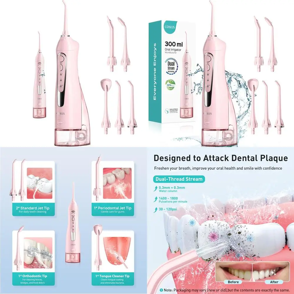 

Portable Cordless 300ML Rechargeable Oral Irrigator - IPX7 Waterproof Electric Flossing Machine for Travel Teeth Cleaning, Pink