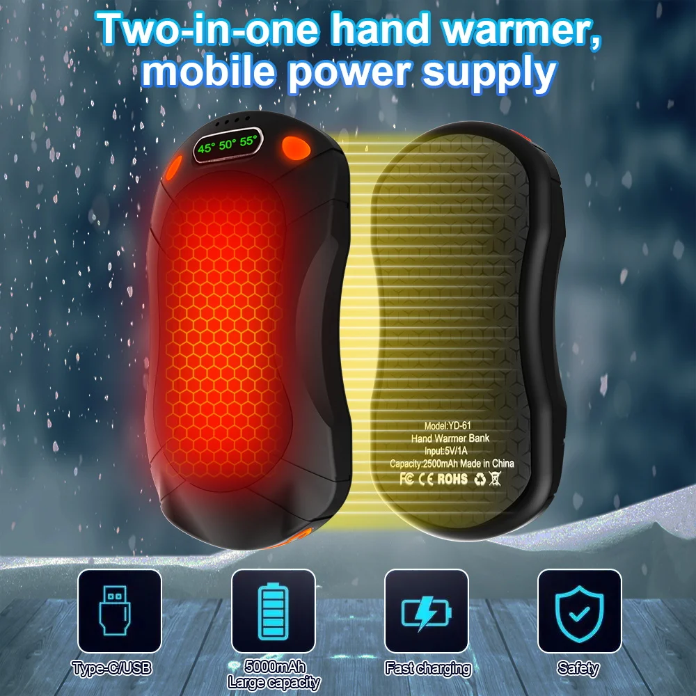 2 rechargeable hand warmers, double-sided heating, 2-in-1 magnetic design fit, for winter camping, skiing and outdoor sports