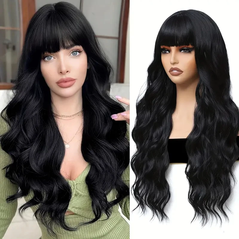 

Модный черный синтетический вьющийся парик для вечеринки, косплея на Хэллоуин, ежедневного использования, комплект высокотемпературных шелковых париков