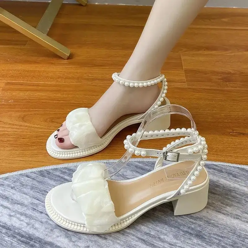 Women\'s Thick-heeled Pearl Sandals Fashionable and Versatile Thick-soled Shoes Summer Hollow Sandals Summer Shoes Sale 2024 New