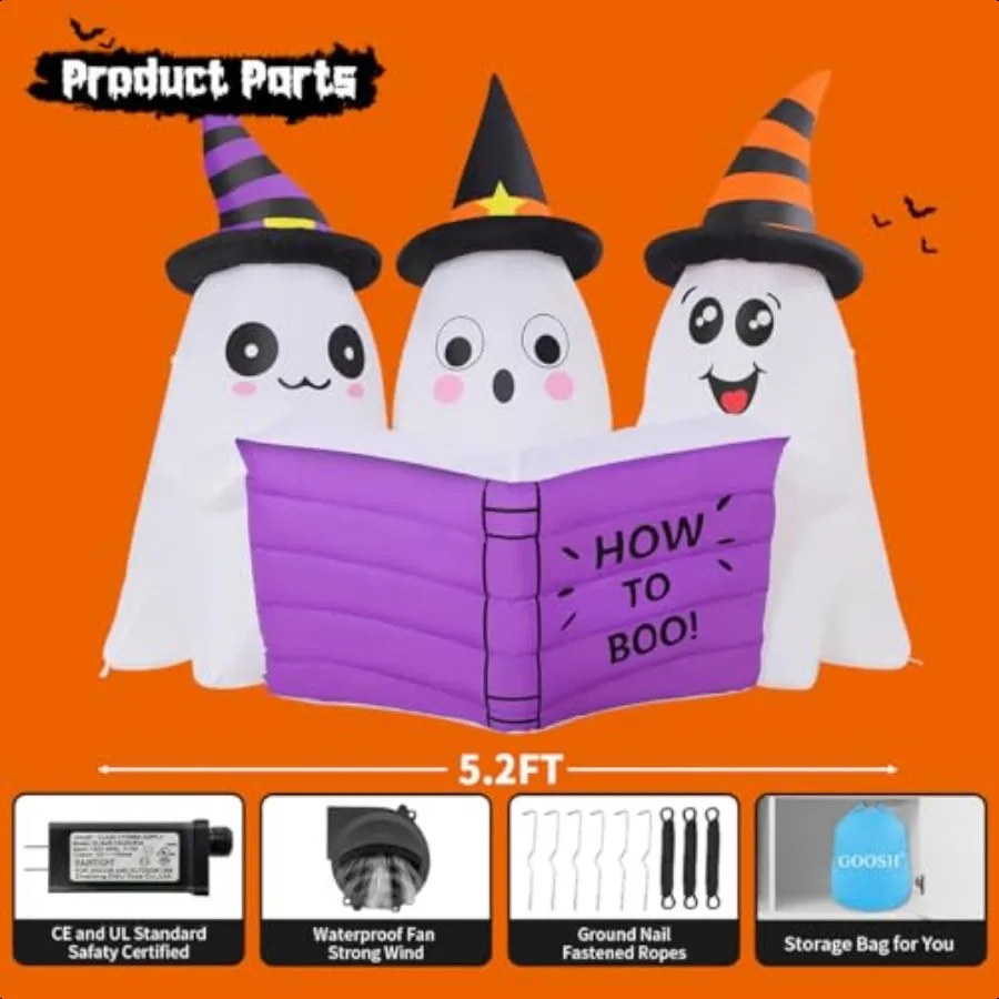 GOOSH 5.2FT Long Halloween Iatables Ghost Outdoor Decoration Blow Up Yard Cute Ghosts Reading Book with Builtin LEDs for Indoor