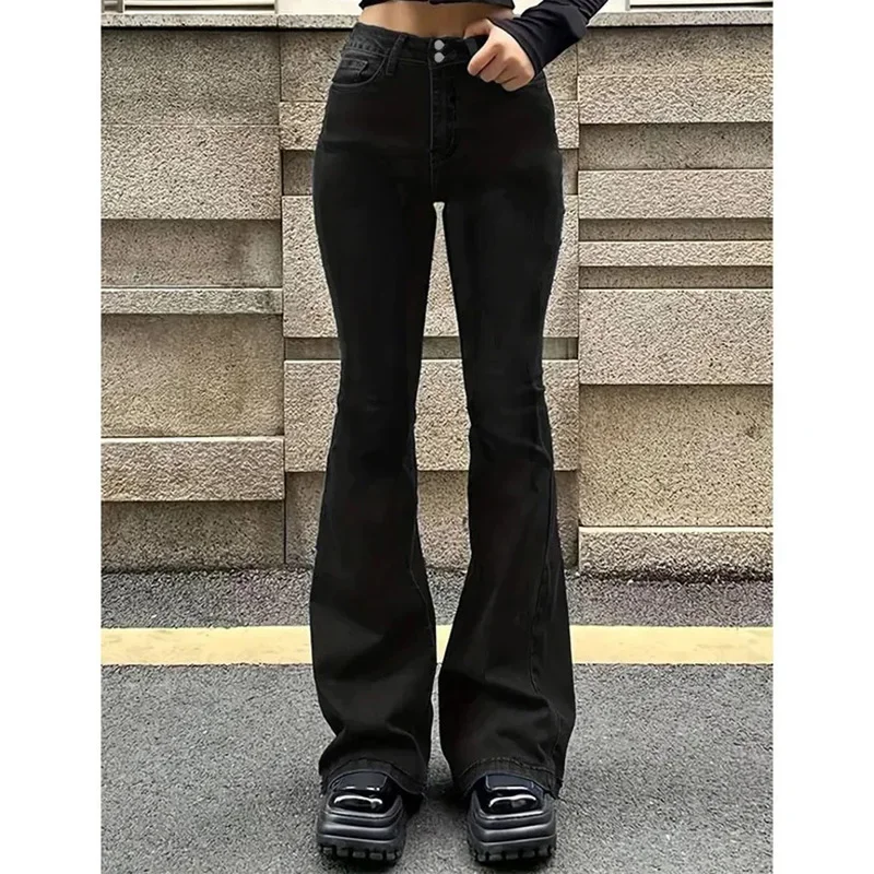 

New Trendy Girls Stretchy High Waist Flared Jeans Female Solid Double Button Denim Pants Women Slimming Bell Bottoms Trousers