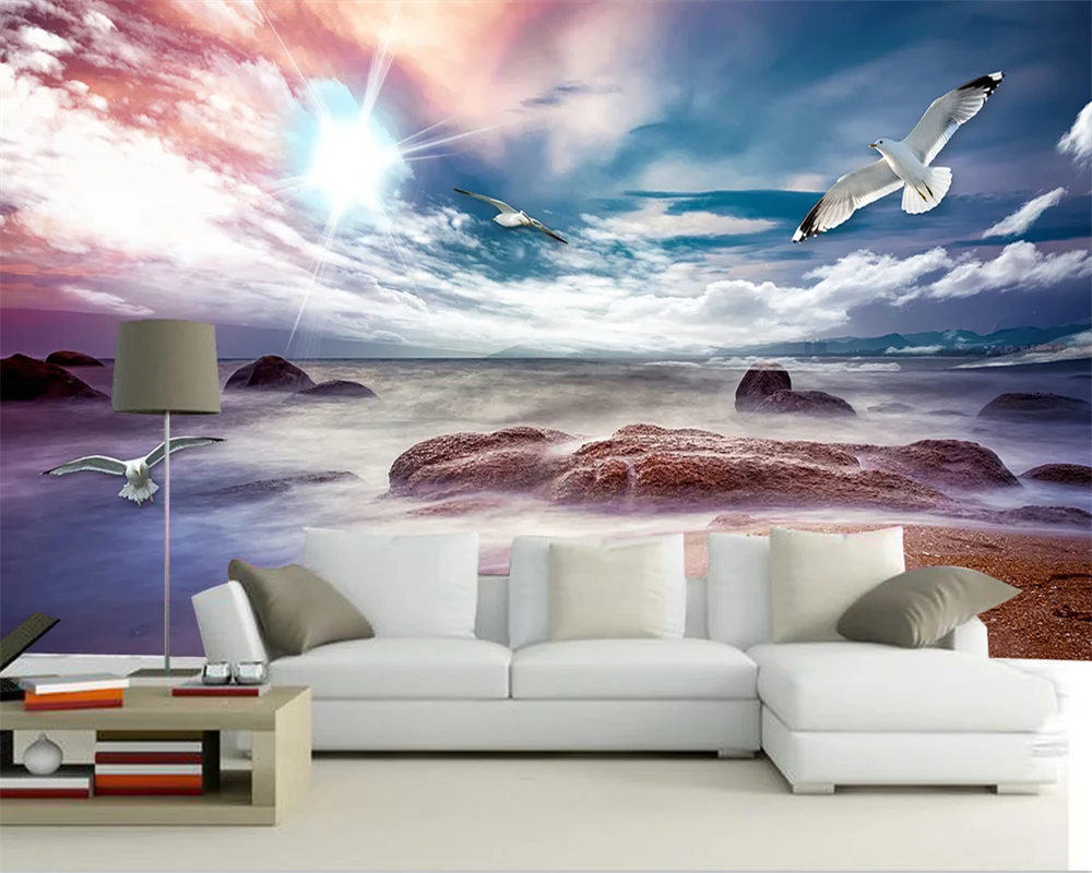 beibehang Customized new modern Mediterranean blue sky and white clouds seagull children's room background wall paper wallpaper