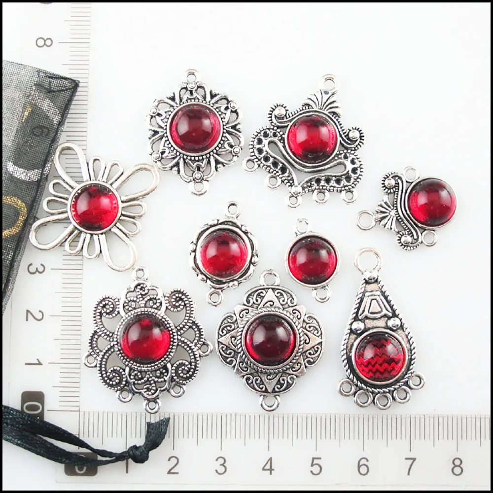 Moda nowy kwiat koniczyny krzyż korona łezka Charms złącza 10mm czerwona glazura tybetański posrebrzane wisiorki Retro — zdjęcie 6