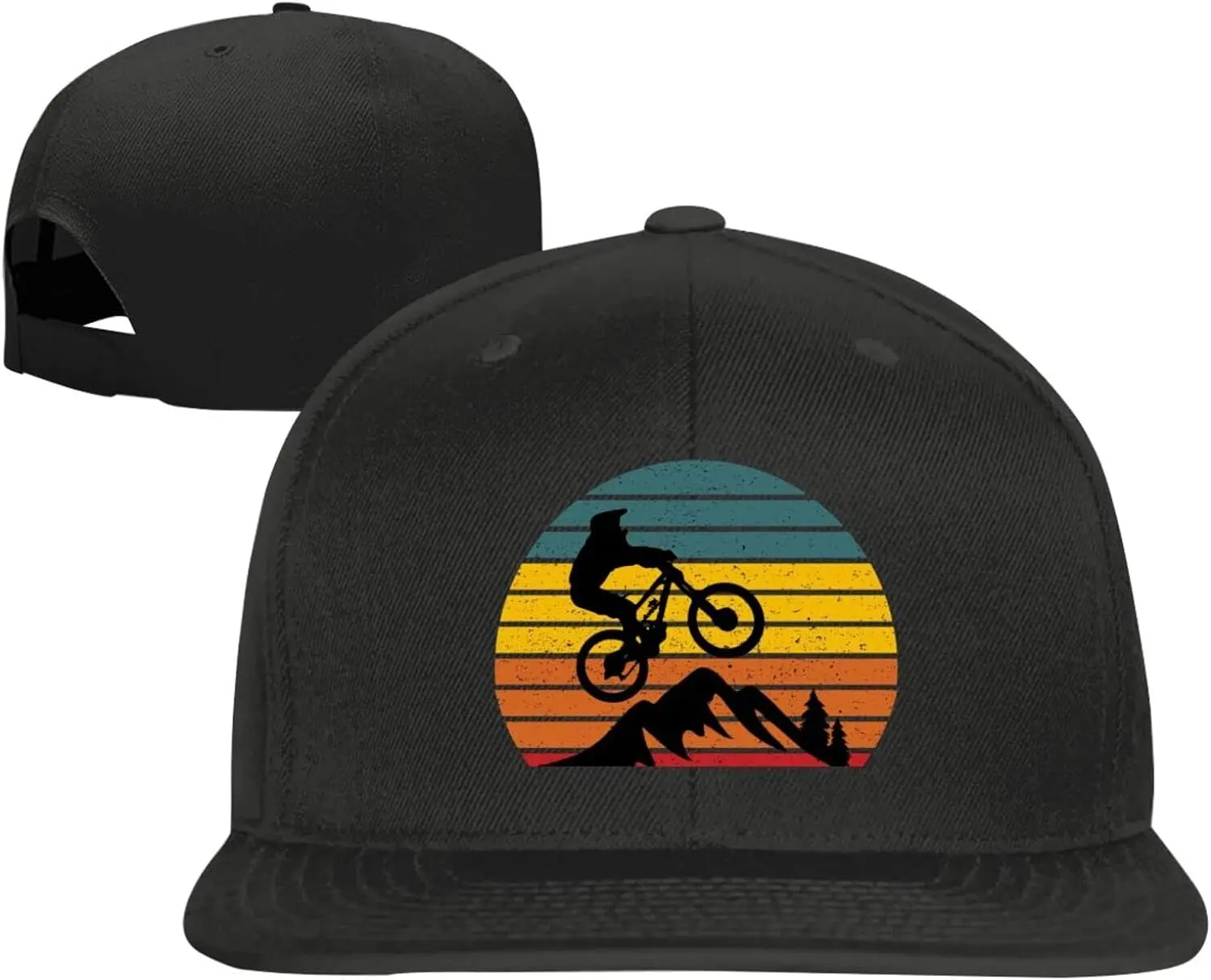 Retro Mountain MTB Biking Downhill Mountain Baseball Cap, Men Solid Flat Bill Adjustable Snapback Hats Unisex Black