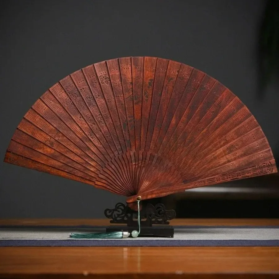 Chinese Style Small Leaf Red Sandalwood Fan Sandalwood Fan Hollow Craft All Wood Folding Fan Gift for Friend Home Decor