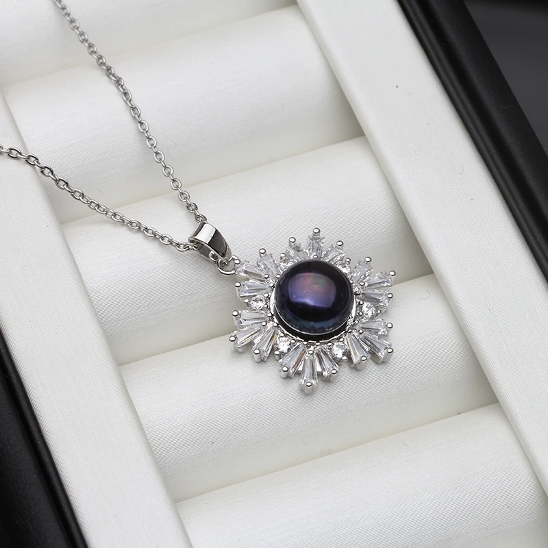 Wedding Natural Pearl Pendant Women Bohemian White Black Trendy Zirconia S925 Sterling Silver  Necklace Birthday Gift