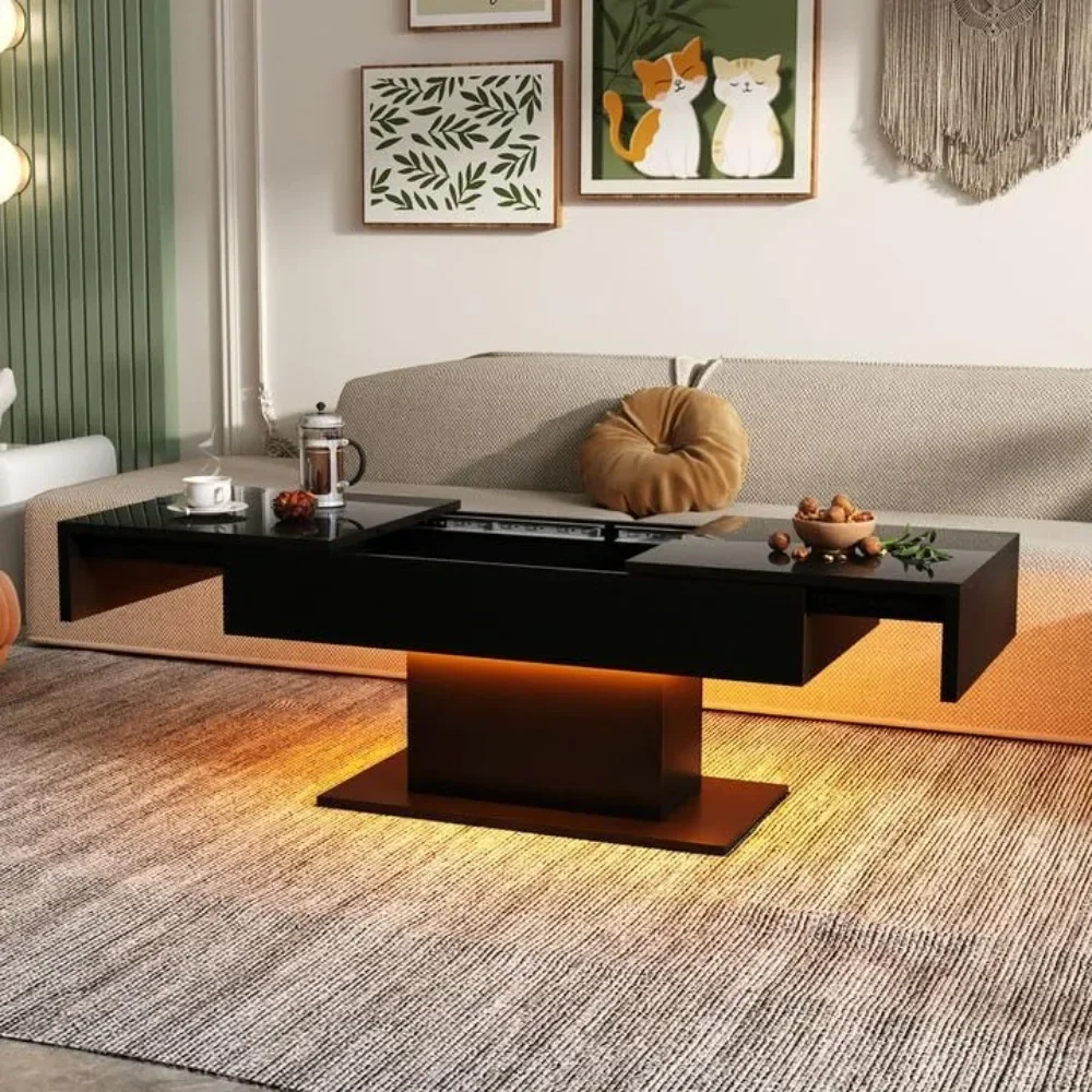 Couch tisch, LED für Wohnzimmer, Schiebe platte mit verstecktem Stauraum, Hochglanz modern, Couch tisch