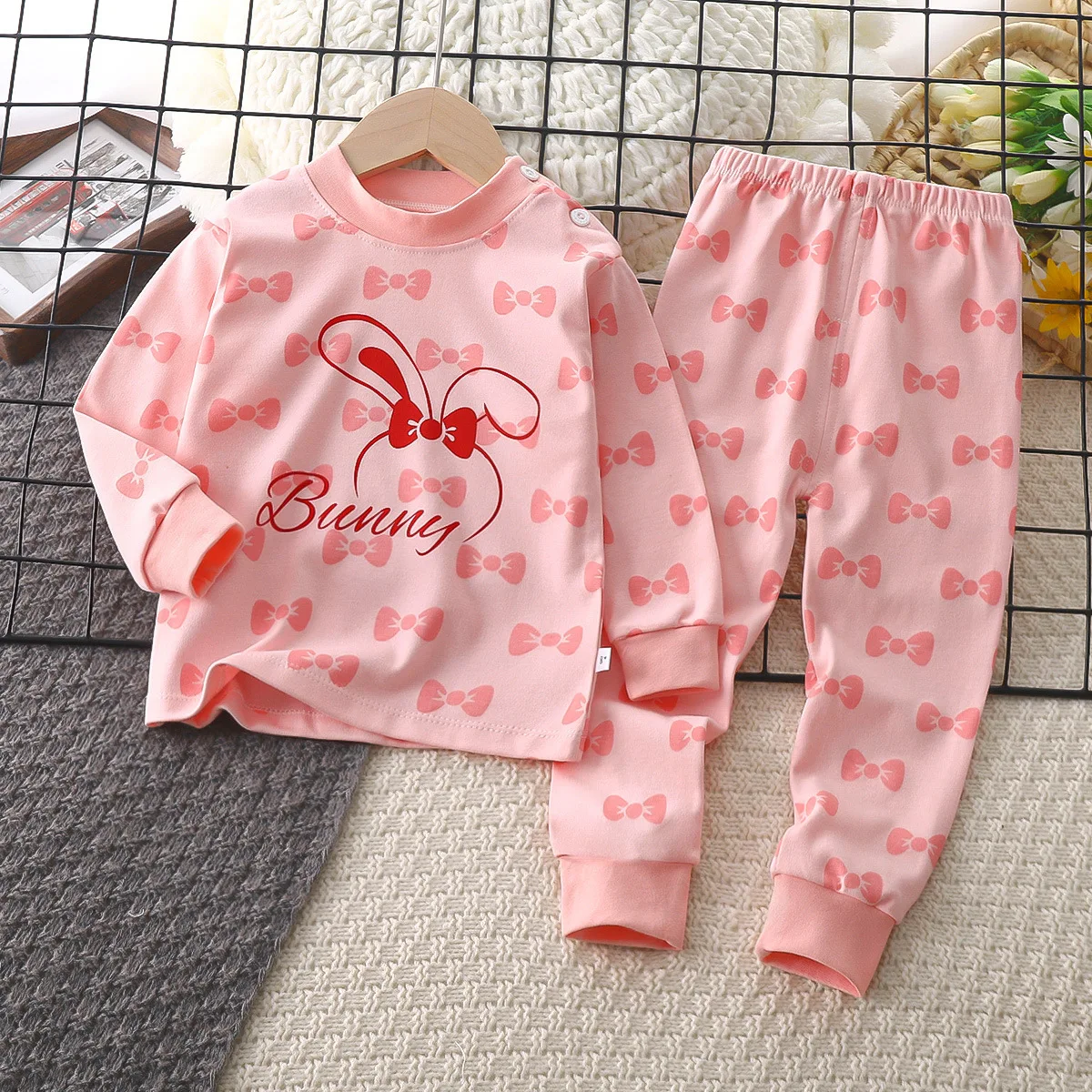 1 2 3 4Years Kids Long Sleeve Nightgown Sets Casual Cartoon Print Round Neck Base Shirt Pants Two Piece Autumn Winter Clothes